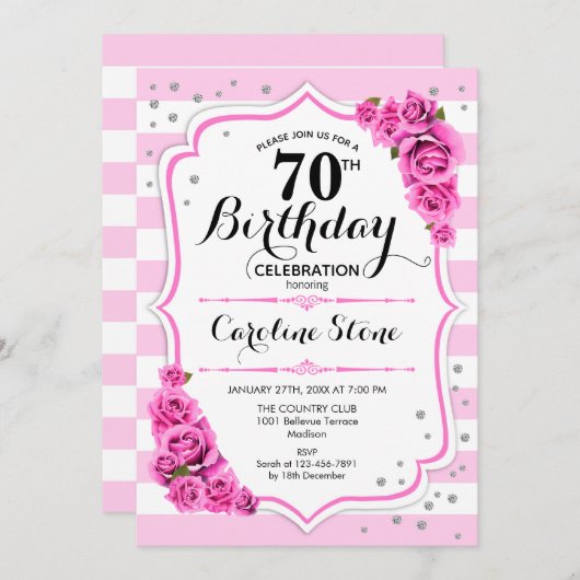 70. Geburtstag - Rosa Rose Einladung (Vorne/Hinten)