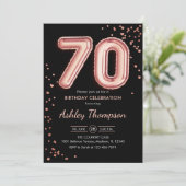 70. Geburtstag - Rose Gold Balloons Black Einladung (Stehend Vorderseite)