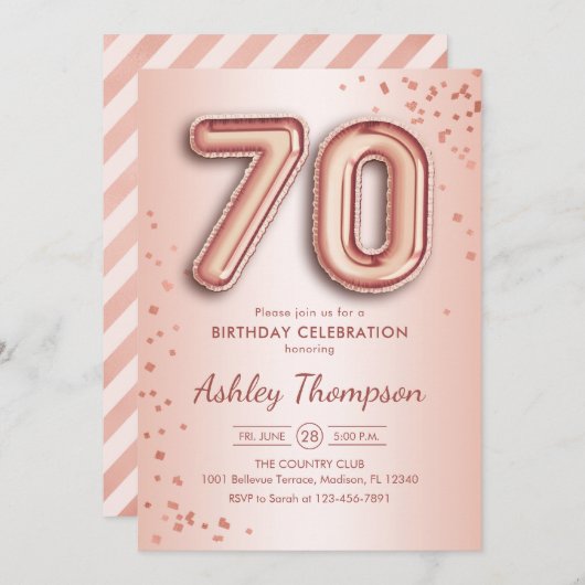 70. Geburtstag - Rose Gold Balloons Einladung (Vorne/Hinten)