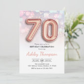 70. Geburtstag - Rose Gold Balloons Rosa Leuchten Einladung (Stehend Vorderseite)