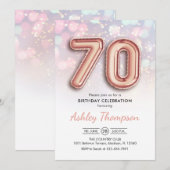 70. Geburtstag - Rose Gold Balloons Rosa Leuchten Einladung (Vorne/Hinten)