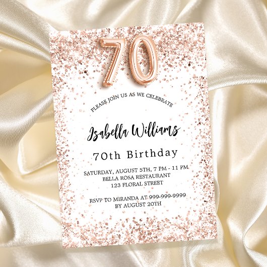 70. Geburtstag Rose Gold Weiß elegant Einladungspostkarte