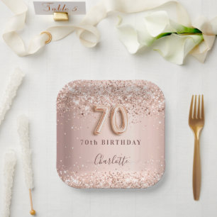 70. Geburtstag Rose Goldblüte Glitzer Name Pappteller