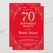 70. Geburtstag Rot und Gold Glitzer Rahmen Einladung (Vorne/Hinten)