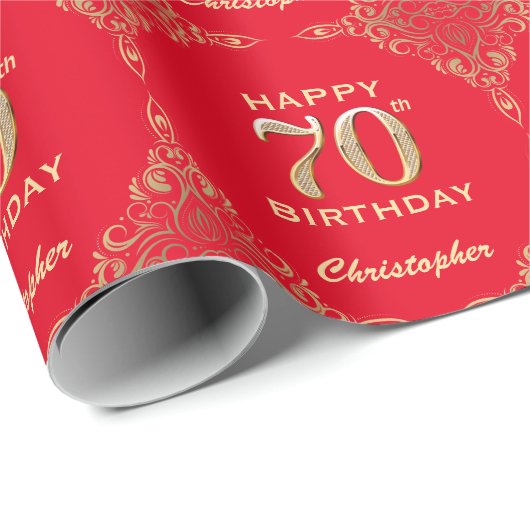 70. Geburtstag Rot und Gold Glitzer Rahmen Geschenkpapier (Rolleneckpunkt)