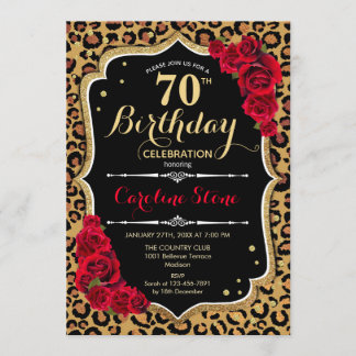 70. Geburtstag - Rote Rosen Leopard Print Einladung