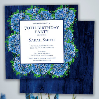70. Geburtstag Rustic Wood Blue Hydrangeas Party Einladung