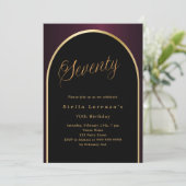 70. Geburtstag schwarz bordeauxrot goldener Bogen Einladung (Stehend Vorderseite)