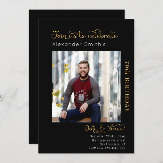 70. Geburtstag schwarz Einladung (Vorne/Hinten)