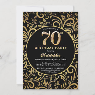 70. Geburtstag Schwarz und Gold Floral Muster Einladung