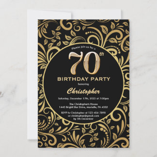 70. Geburtstag Schwarz und Gold Floral Muster Einladung