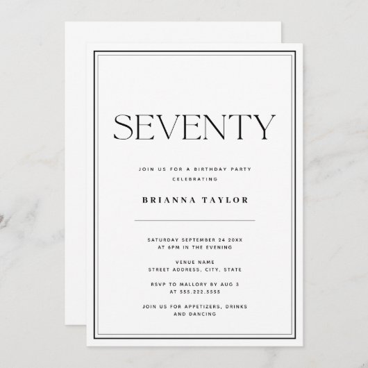 70. Geburtstag Schwarz & Weiß Einladung (Vorne/Hinten)