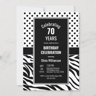 70. Geburtstag Schwarz-weiß Polka Dot Zebra Streif Einladung