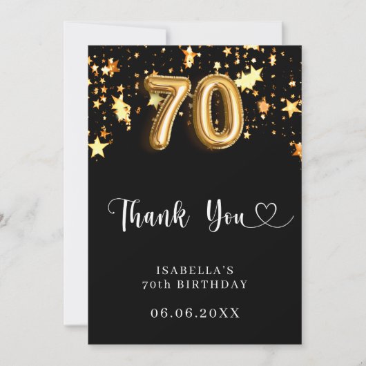 70. Geburtstag schwarze goldene Sterne Dankeskarte (Vorderseite)