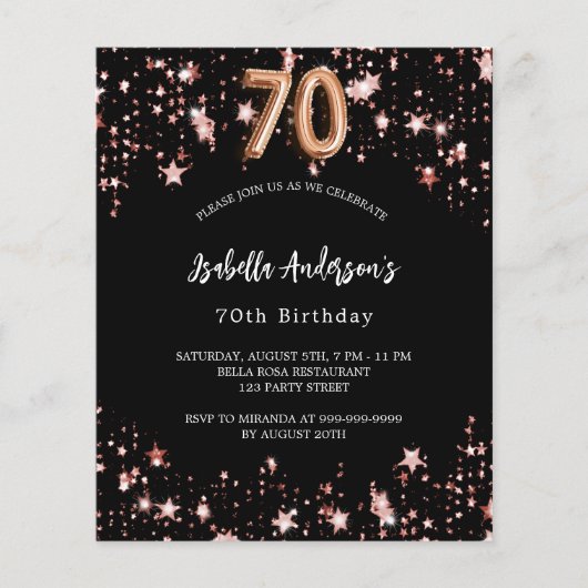 70. Geburtstag Schwarze Rose Gold Einladung (Vorderseite)