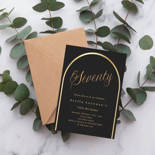70. Geburtstag schwarzen goldenen Bogen elegante D Einladung