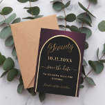 70. Geburtstag schwarzer bordeauxroter Goldbogen Save The Date<br><div class="desc">Eine Save the Date Karte für eine 70. Geburtstagsfeier. Schwarz und Bordeaux,  mit einem goldenen Imitat geschmückt. Personalisieren und fügen Sie ein Datum und Ihren Namen. Der Text: Siebzig und Save the Date ist mit einem großen trendigen handgeschriebenen Stil geschrieben.</div>