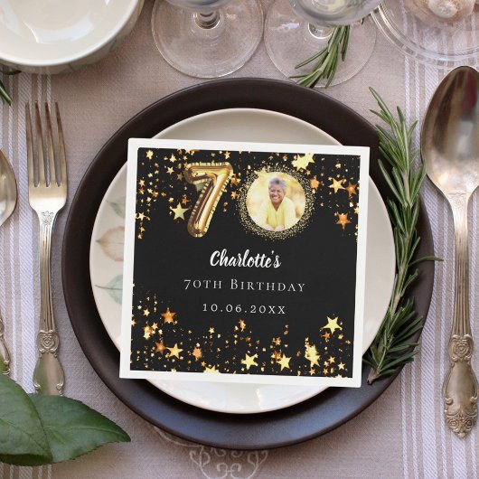 70. Geburtstag Schwarzes Gold Sterne Foto Serviette