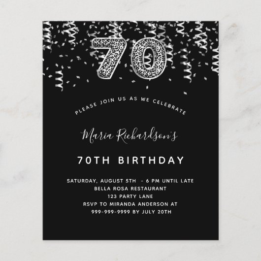 70. Geburtstag schwarzes silbernes Leoparden Party (Vorderseite)