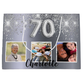 70. Geburtstag silber Glitzer Staub Foto Monogramm Große Geschenktüte