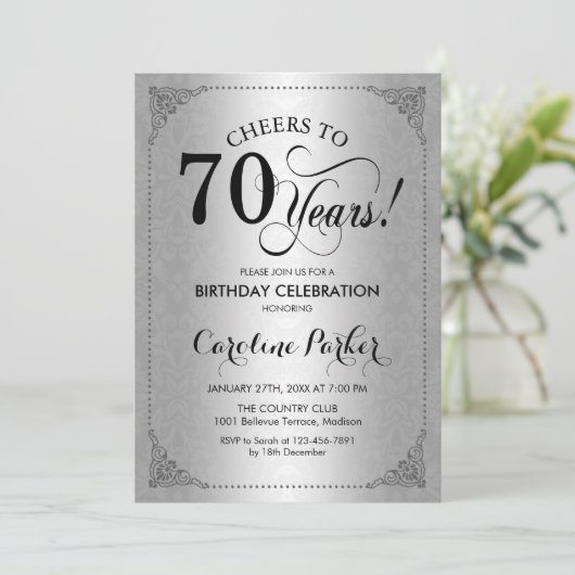 70. Geburtstag - SilberDamaskus Einladung (Stehend Vorderseite)
