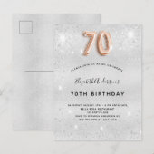 70. Geburtstag Silbermetall Rose Gold Glitzer Einladungspostkarte (Vorne/Hinten)