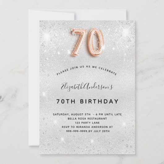 70. Geburtstag silberne Rose Gold Glitzern Einladung (Vorderseite)