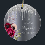 70. Geburtstag Silberner Glitzer Tropfen Blumenbur Keramik Ornament<br><div class="desc">Ein Ornament zum 70. Geburtstag. Ein dunkles Imitat silber metallisch aussehender Hintergrund. Mit dunklen lila und bordeauxfarbenen Blume und Rose rosa, Imitate silberne Glitzer tropfen, Farbe Tropfen aussehen. Vorlagen für einen Namen, Datum und Alter 70. Der Name ist mit einem weißen, modernen, handgeschriebenen Stil geschrieben. Perfekt wie Winterdekoration, Gaumenfreuden, Sake...</div>
