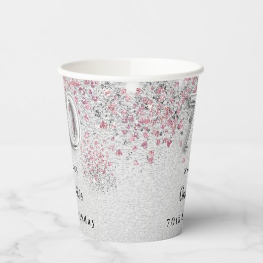 70. Geburtstag Silberrosa Glitzer Pappbecher (Links)