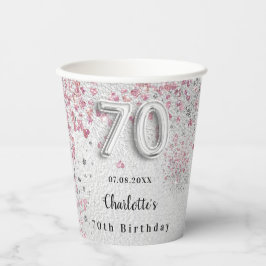 70. Geburtstag Silberrosa Glitzer Pappbecher