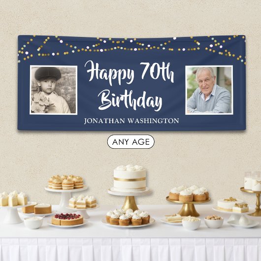 70. Geburtstag String Lights Foto Blau Banner