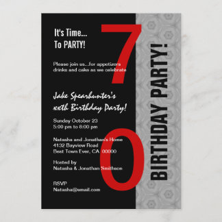 70. Geburtstag Teil Modernes Rotes Silber Schwarz  Einladung