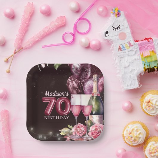 70. Geburtstag Wein & Balloons Personalisiert Pappteller (Party)