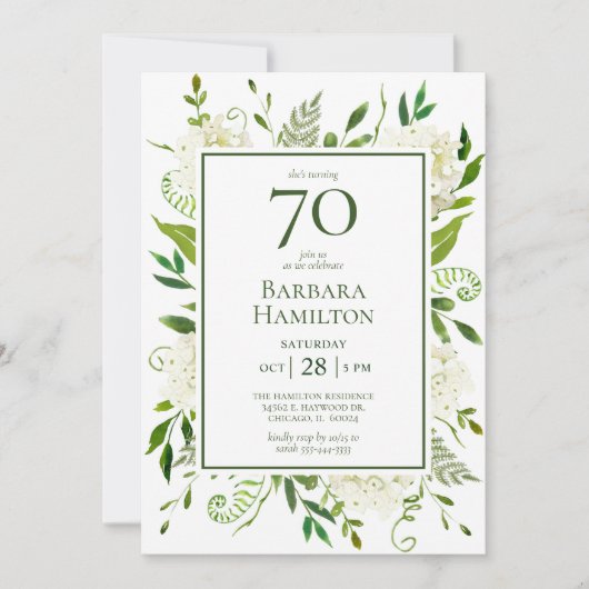 70. Geburtstag Weißer Hydrangeas Einladung (Vorderseite)