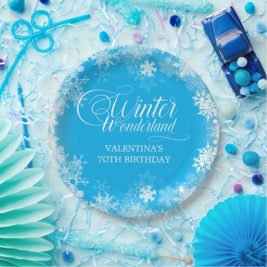 70. Geburtstag Winterwonderland Schneeflocke Blau Pappteller (Party)