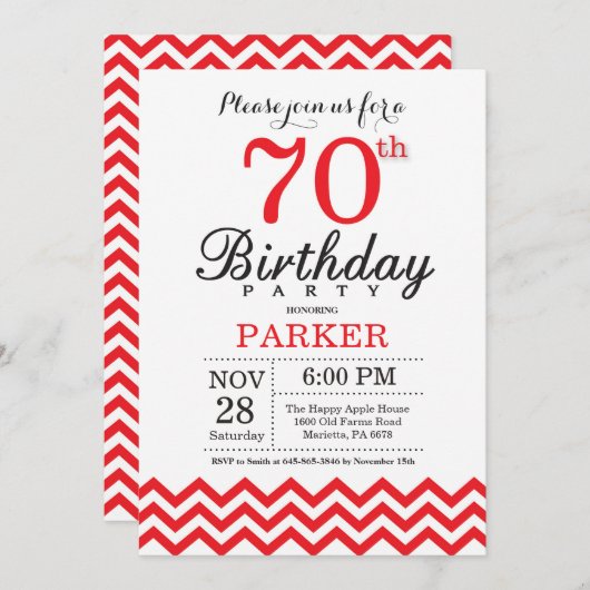 70. Geburtstags-Einladungs-rotes Zickzack Einladung (Vorne/Hinten)