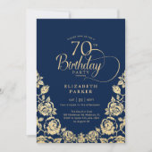 70. Geburtstags-Navy-Gold-Rose Einladung (Vorderseite)