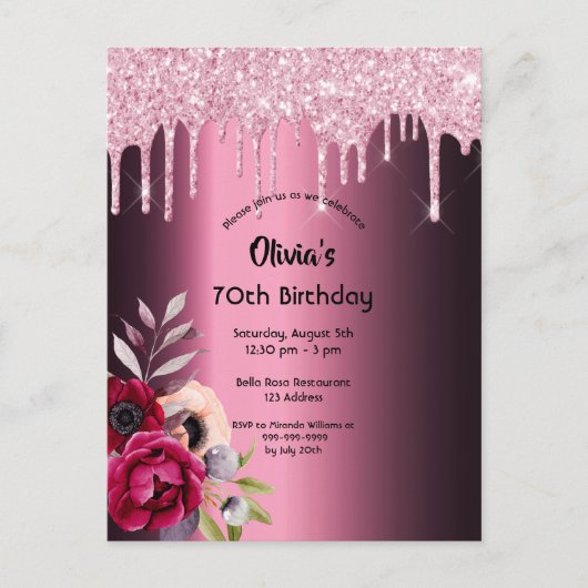 70. Geburtstagsburgund lila Glitzer Postkarte (Vorderseite)