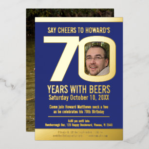 70. Geburtstagsfeier blau goldene Folie Foto Bier Folieneinladung