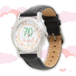 70. Geburtstagsgeschenk Motivierend Blütenfrau Armbanduhr<br><div class="desc">70. Geburtstag Blumenuhr für eine Frau feiert 70 Jahre. Ein lustiges und motivierend Zitat 70,  also was! ist perfekt für eine positive Person mit einem Sinn für Spaß. Blume Muster mit rosa und gelb schlichten Blume auf Weiß. Gut als Geburtstagsgeschenk für eine Frau. Sie können die Altersnummer ändern.</div>