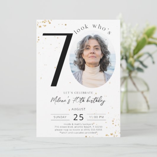 70. Geburtstagsgoldene Einladung mit Foto (Stehend Vorderseite)
