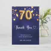 70. Geburtstagsnavy blaue goldene Sterne Dankeskarte (Stehend Vorderseite)