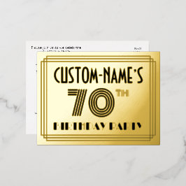 70. Geburtstagsparty ~ Art-Deco-Stil "70" + Name Folie Einladungspostkarte