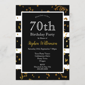 70. Geburtstagsparty Black and White | Gold-Glitze Einladung