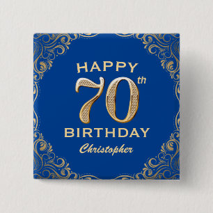 70. Geburtstagsparty Blue and Gold Glitzer Frame Button