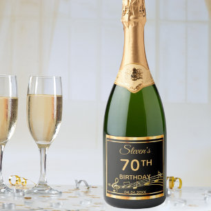 70. Geburtstagsparty elegante schwarze und goldene Schaumweinetikett
