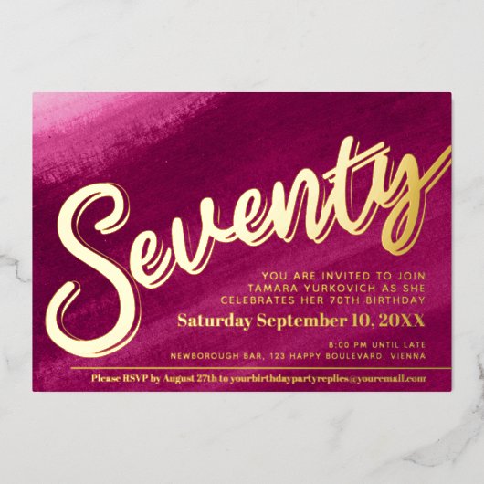 70. Geburtstagsparty Gold Rosa Waschwasser Folieneinladung (Vorderseite)