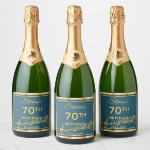 70. Geburtstagsparty mit aquamariner und goldener Schaumweinetikett