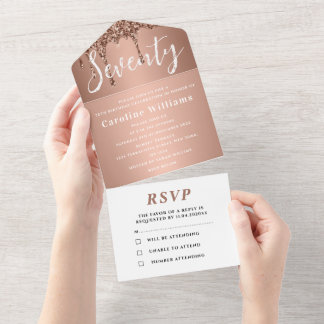 70. Geburtstagsparty Pink Mauve Glitzer Tropfen Mo All In One Einladung