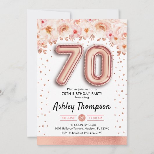 70. Geburtstagsparty - Rose Gold Ballons Einladung (Vorderseite)